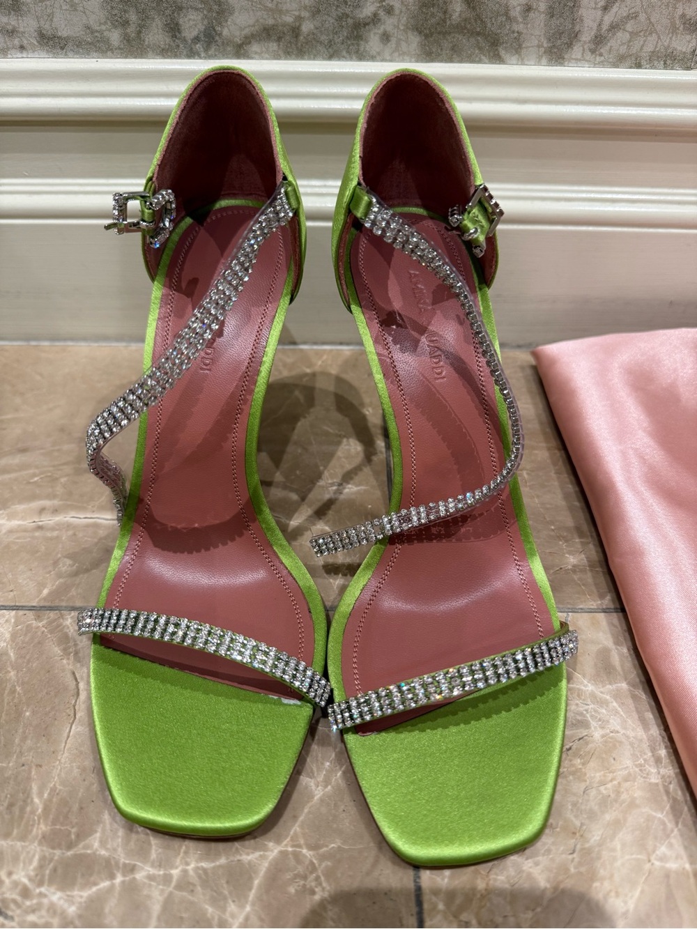 Amina Muaddi Lime Green Satin Rhinestone Ankle-Strap Sandals